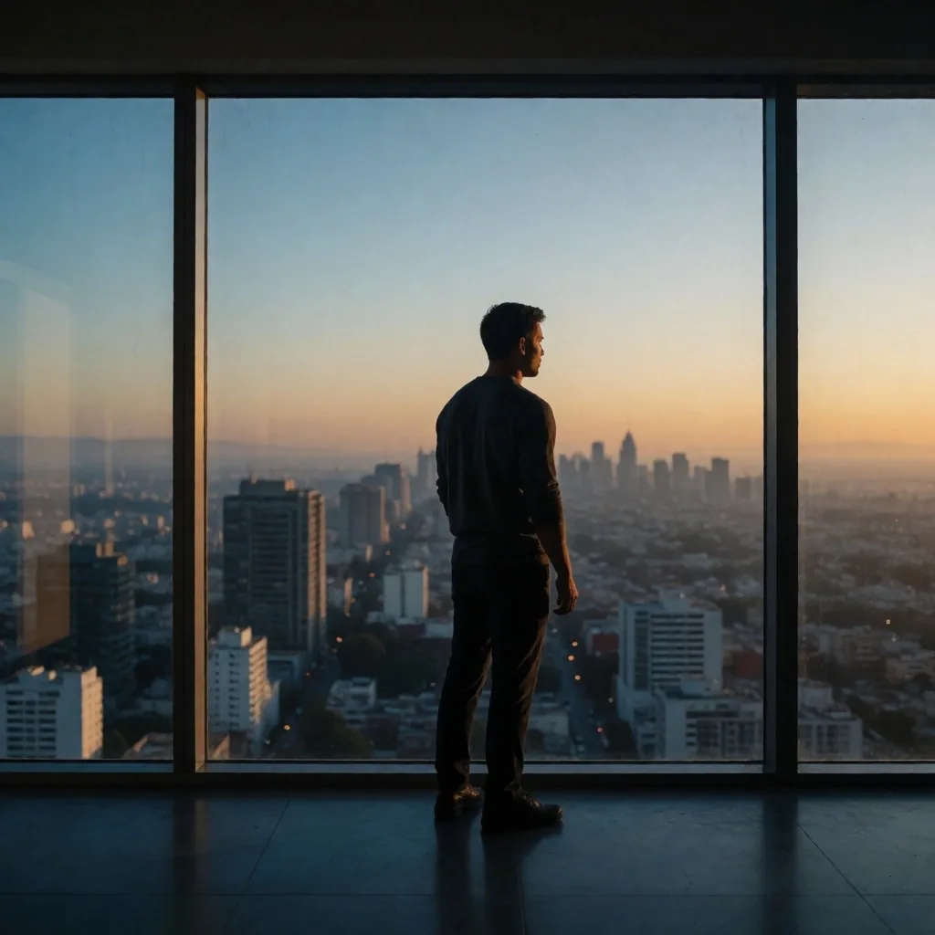 Persona mirando a la distancia por una ventana al amanecer