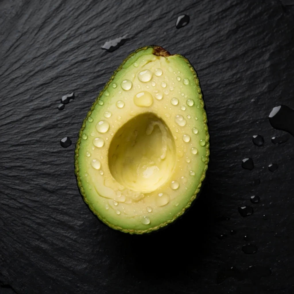 Aguacate fresco sobre superficie de pizarra oscura