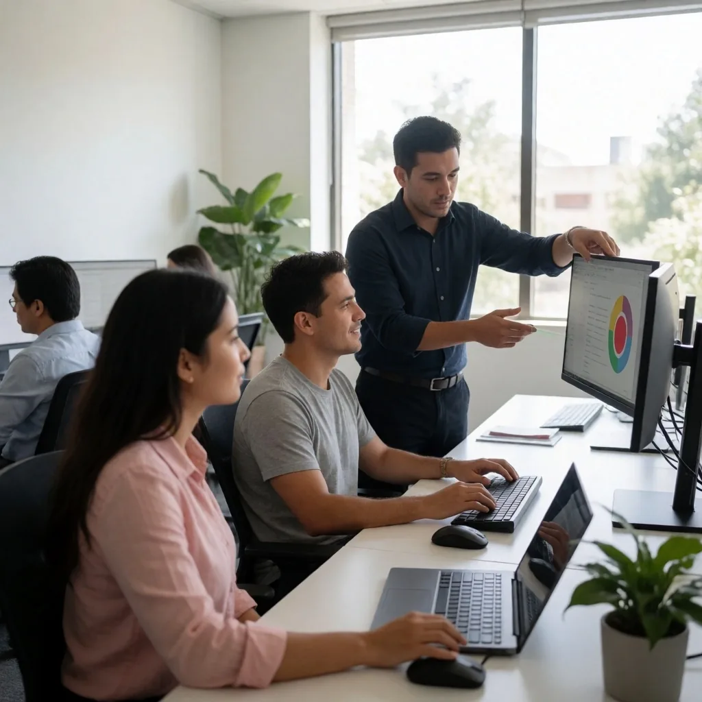 Grupo de empleados ajustando sus estaciones durante una sesión práctica