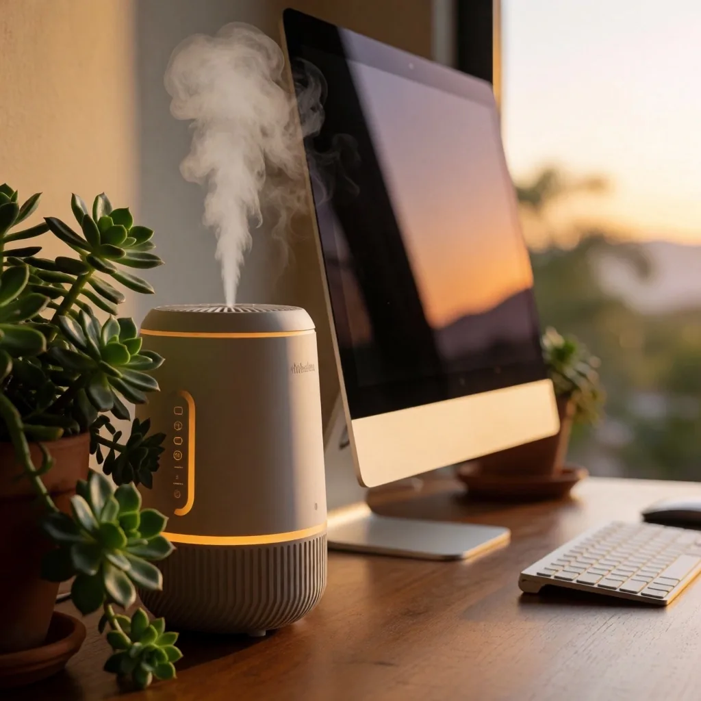 Humidificador y planta junto a un monitor para confort visual
