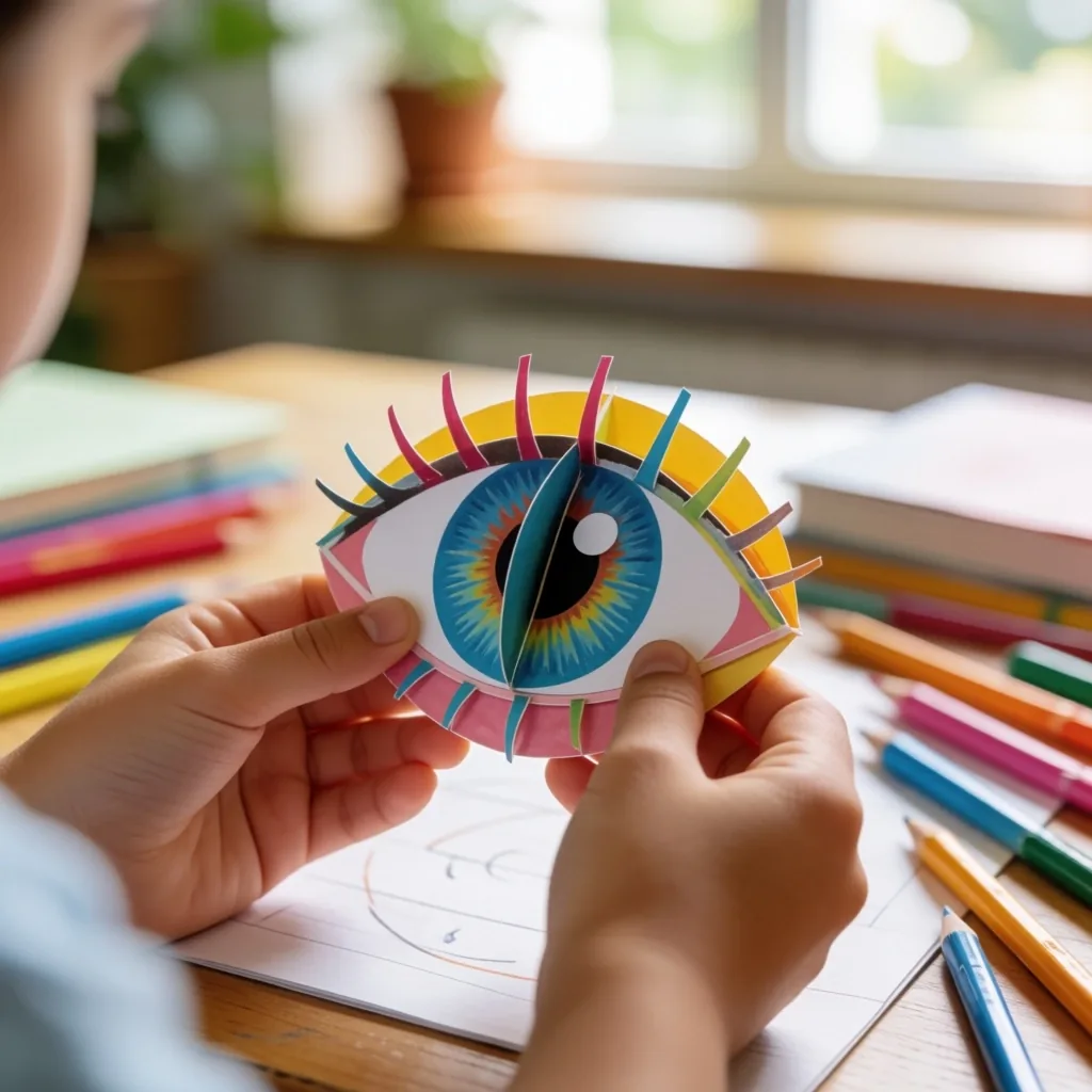 Niño sosteniendo un modelo de papel sobre las partes del ojo