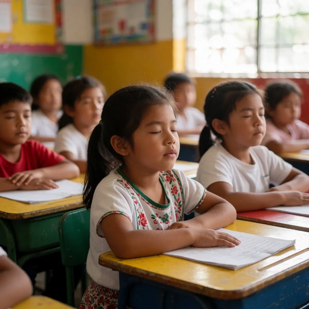 Niños practicando un ejercicio de parpadeo consciente en clase