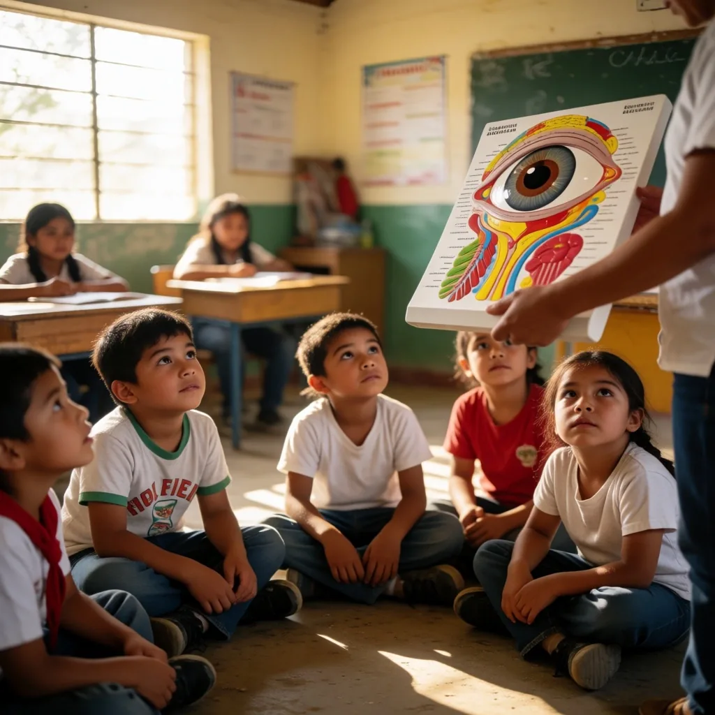 Niños en una escuela participando en una actividad sobre anatomía del ojo