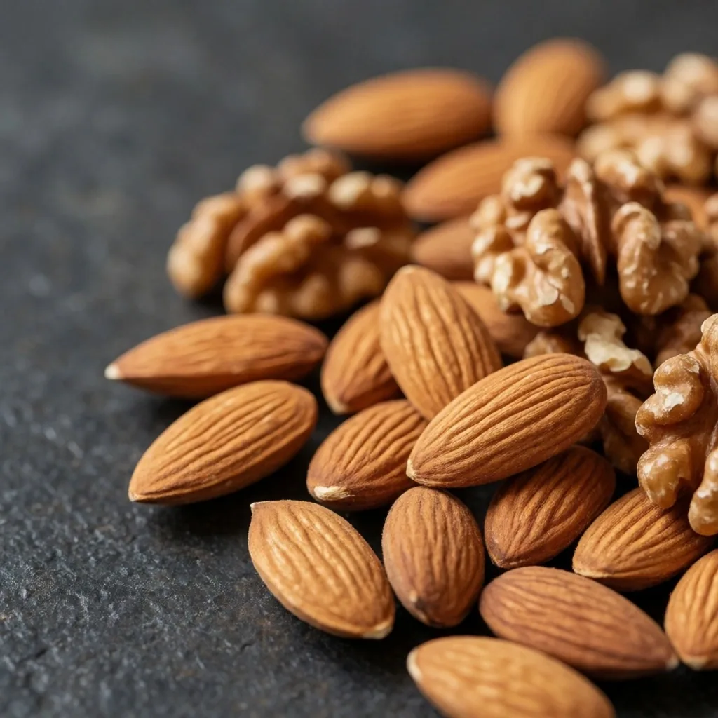 Nueces y almendras en tazones sobre pizarra oscura