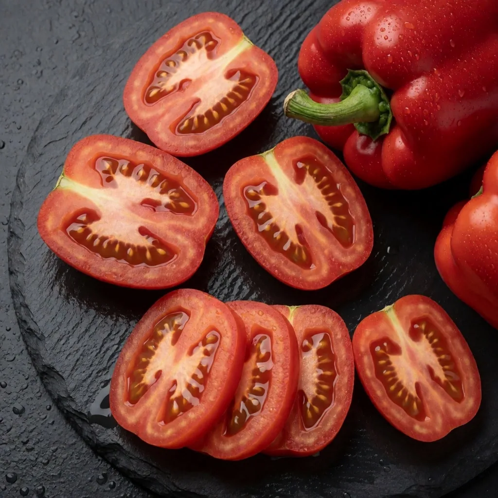 Tomate y pimiento rojo rebanados sobre pizarra oscura