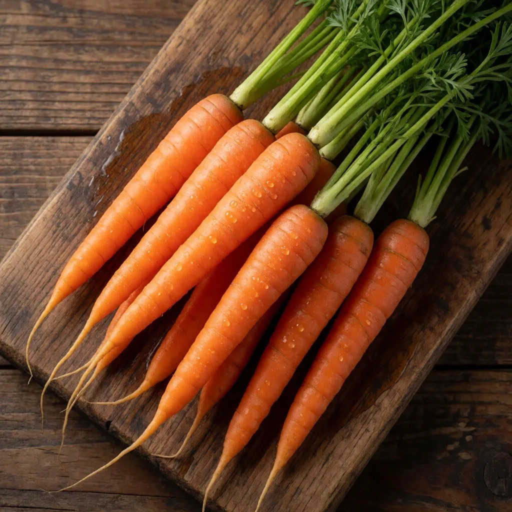 Zanahorias frescas sobre tabla de cortar oscura