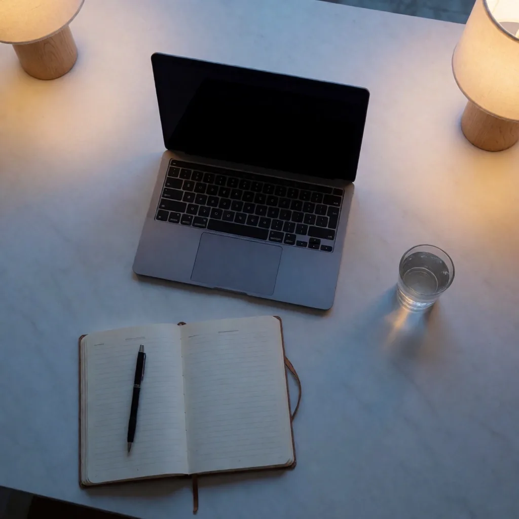 Escritorio moderno con iluminación natural al amanecer