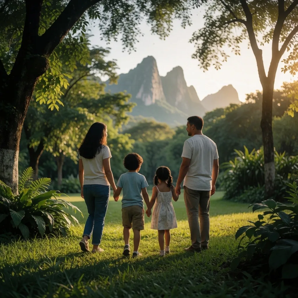 Familia caminando en un parque mirando a la distancia