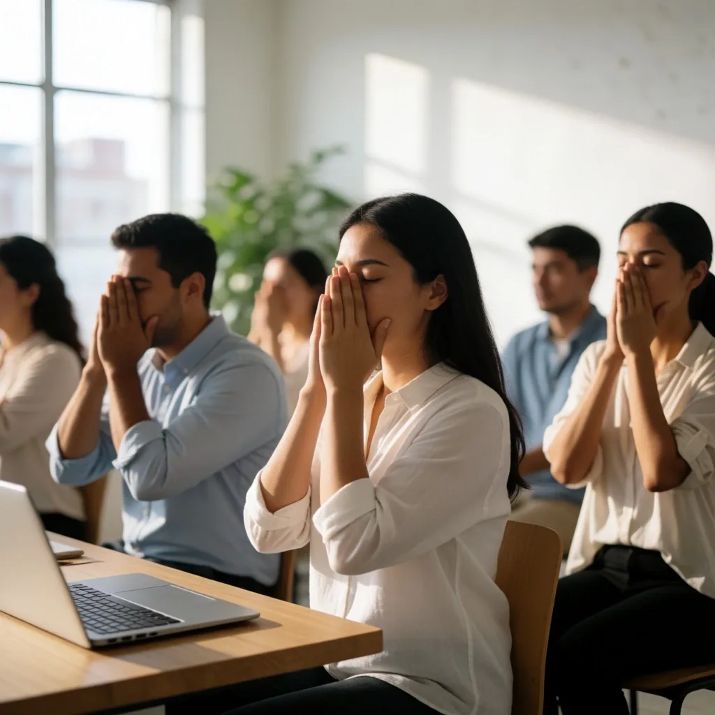 Grupo de profesionales practicando ejercicios de relajación ocular