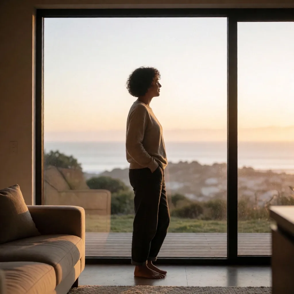 Persona mirando al horizonte por una ventana al amanecer