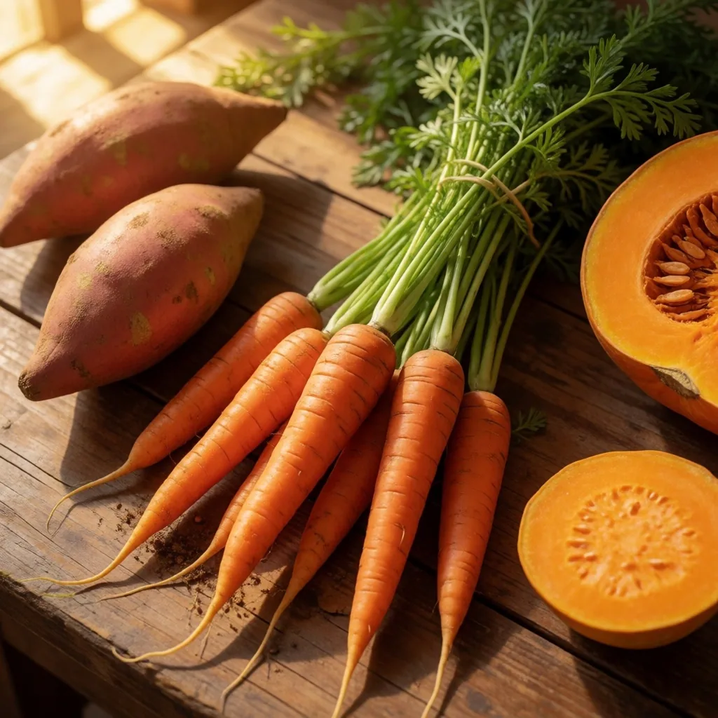 Zanahorias, camotes y calabazas sobre mesa de madera