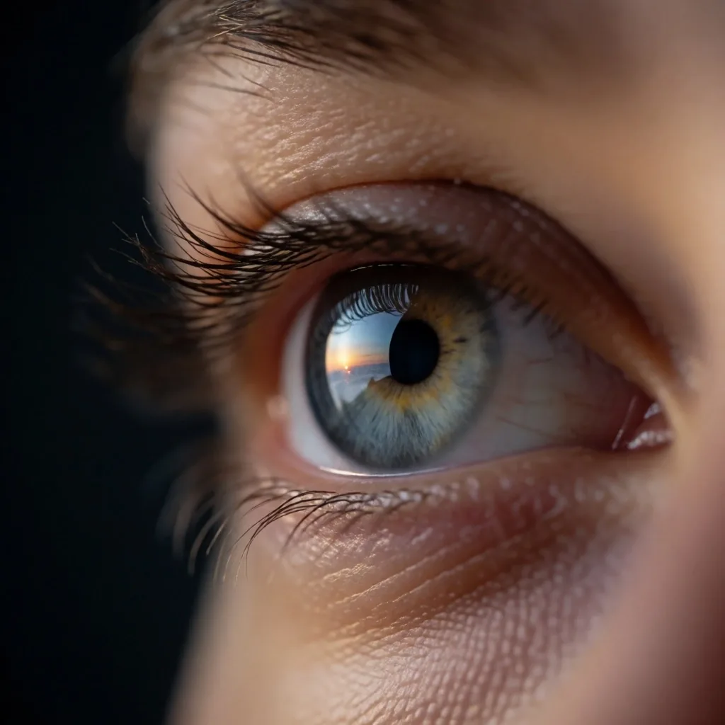 Primer plano de un iris humano iluminado por luz de amanecer