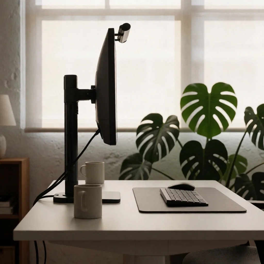 Escritorio de trabajo ergonómico con monitor bien posicionado