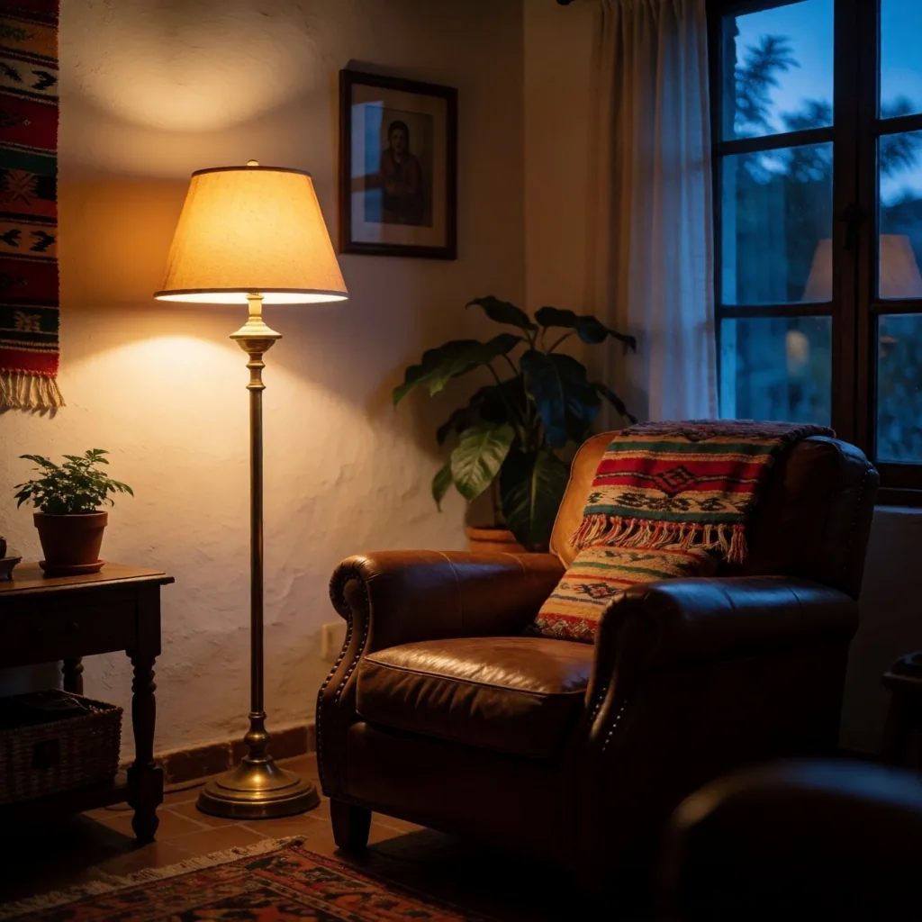 Sala de estar con lámpara de lectura cálida al anochecer